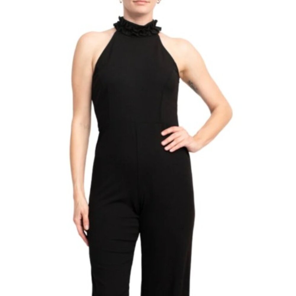 MARINA LONG RUFFLE HALTER NECK JUMPSUIT BLACK SIZE 14 NEW/TAGS
